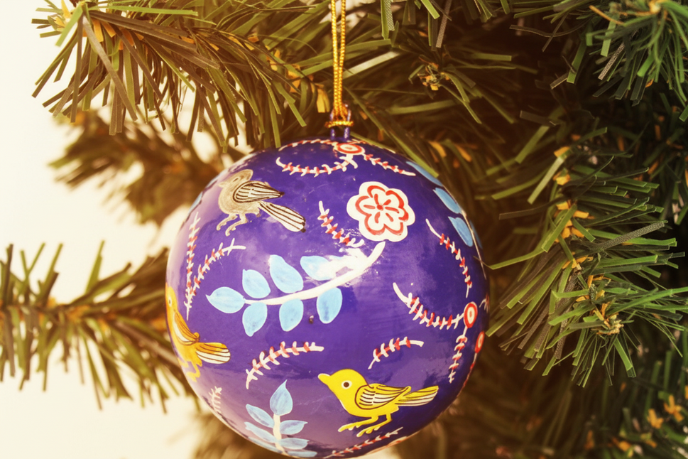 Handpainted Ornament Birds and Flowers, Blue