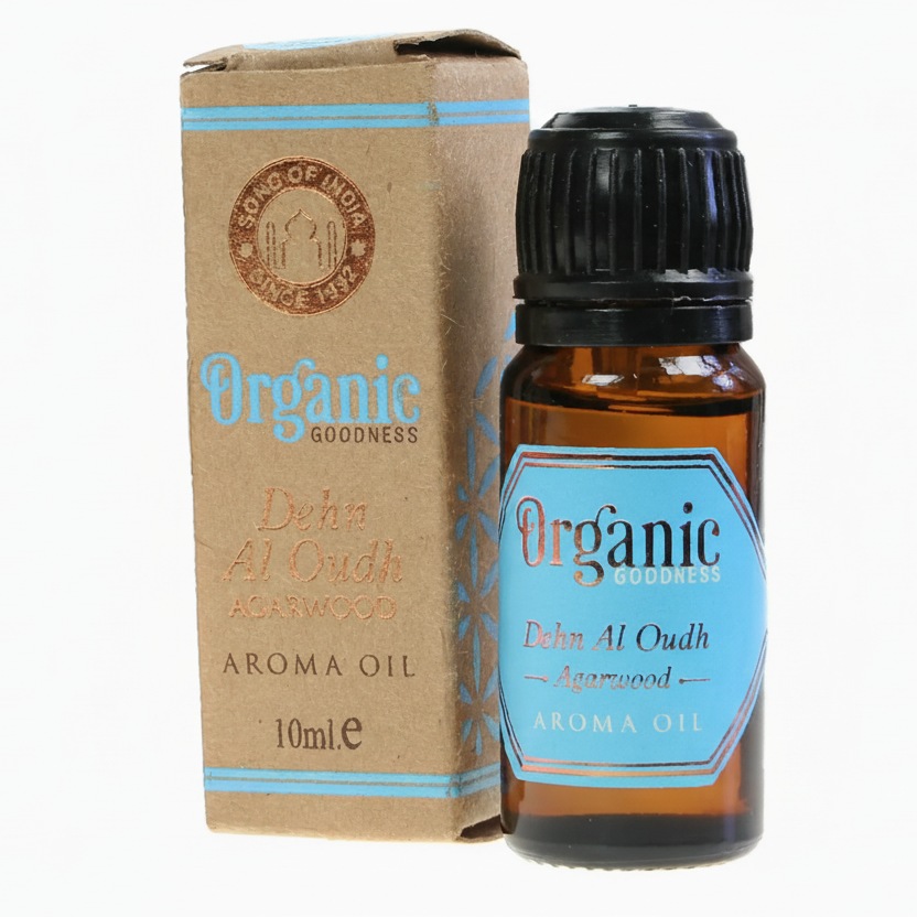 Bottle and box of Organic Goodness Dehn Al Oudh Aroma Oil on a white background