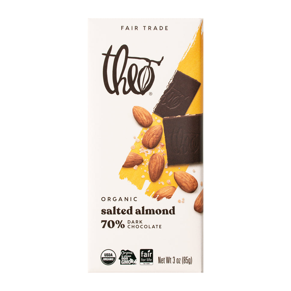 Theo Dark Chocolate, Salted Almond, 70% Cocoa, Organic Bar 85g