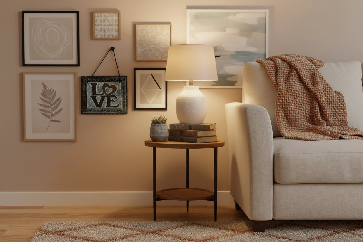 Decorative sign with 'LOVE' text and heart symbol hanging on a cozy living room wall