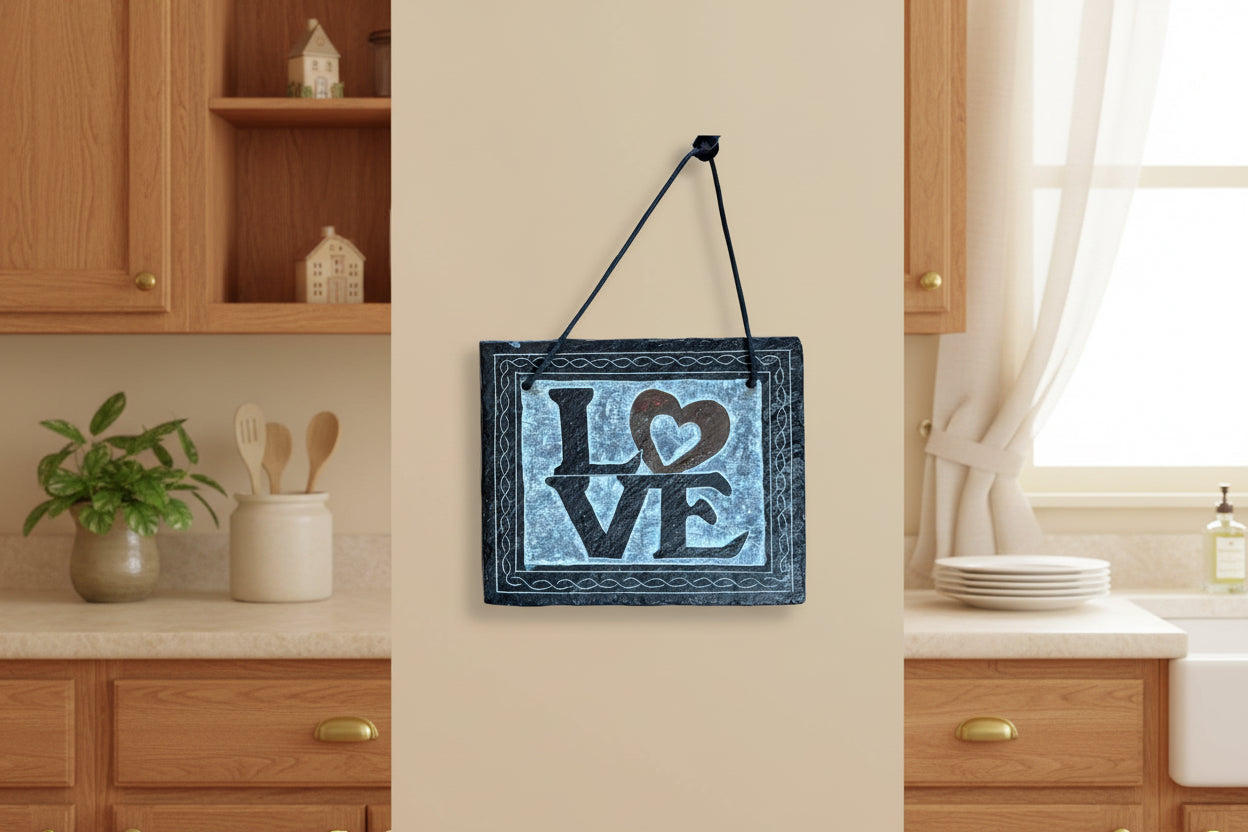 Decorative sign with 'LOVE' text and heart symbol hanging on a kitchen wall