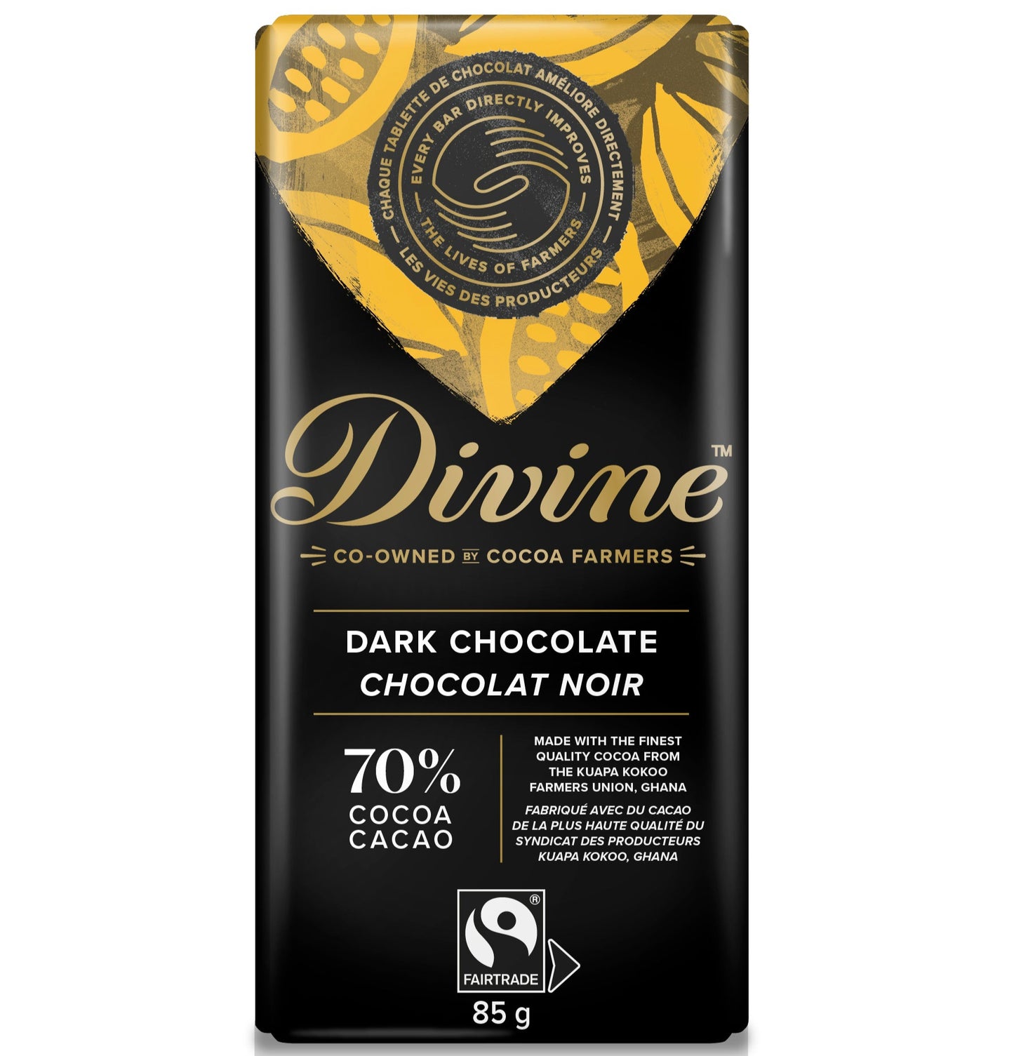 Divine dark chocolate bar packaging with gold accents on a white background