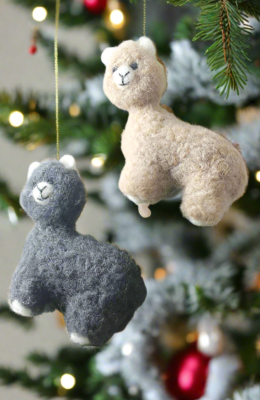 hand-felted alpaca tree ornaments