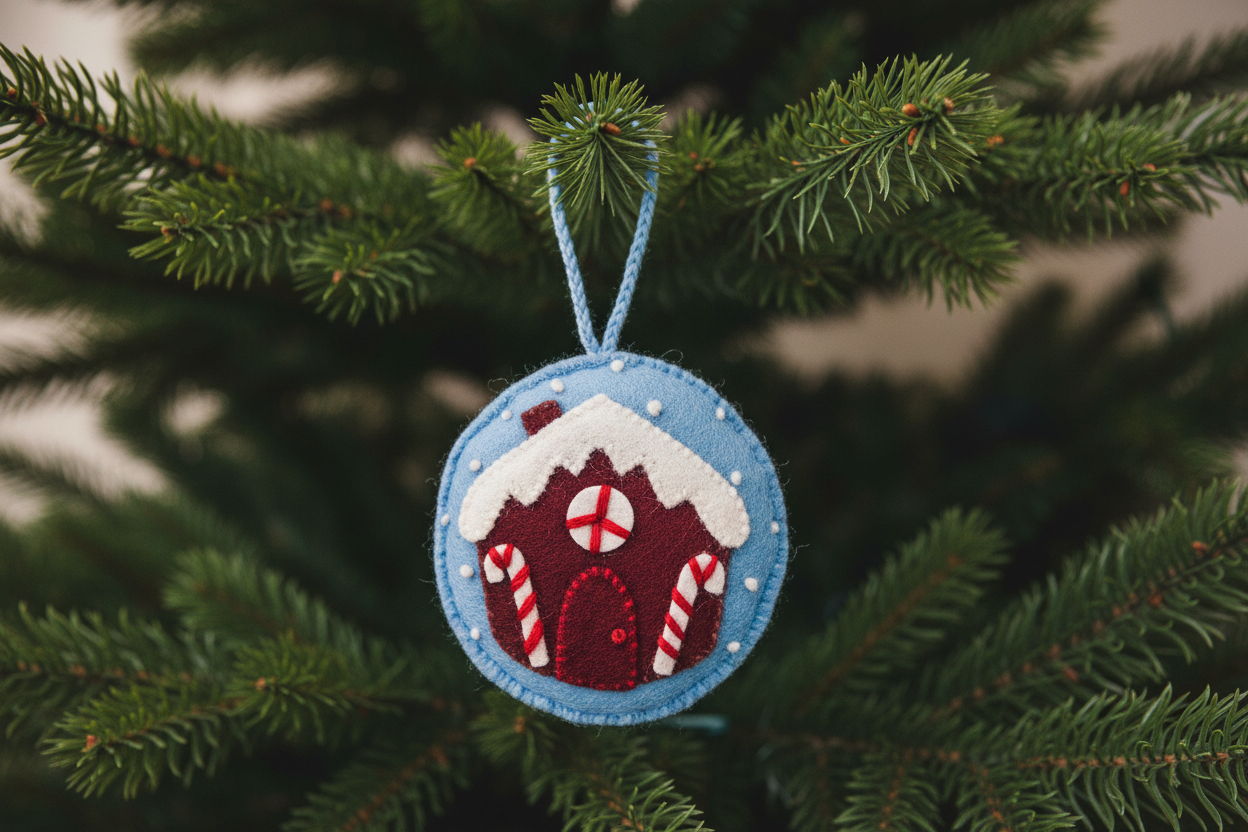 A felted ornament shaped like a gingerbread house with blue and red colors, featuring white snow on the roof and a chimney, and decorative details.