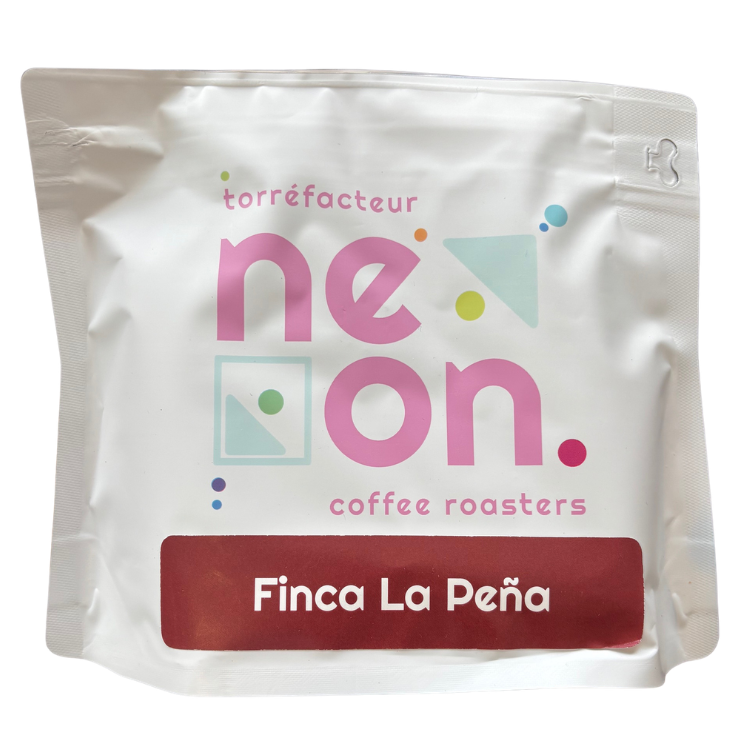 Coffee package with Neon branding and 'Finca La Peña' text on a white background
