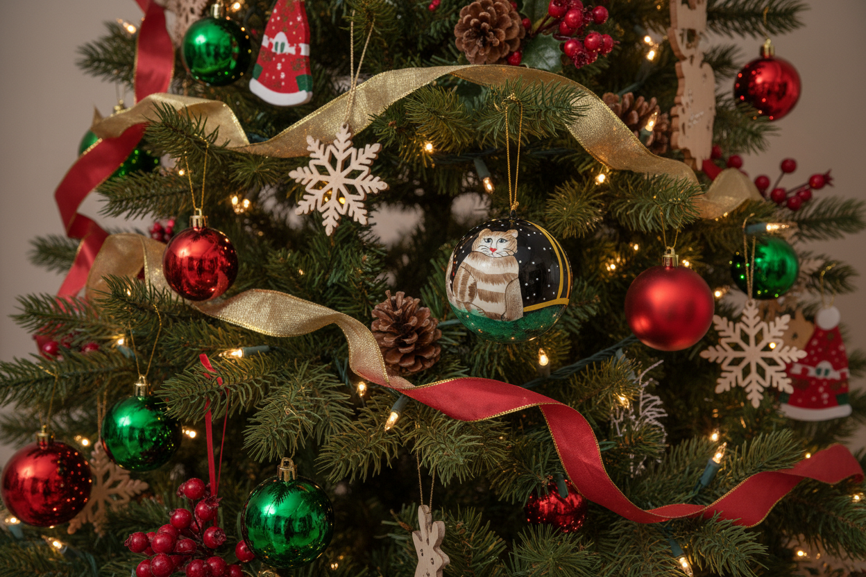 Hand painted paper mache cat ornament hanging from a decorated Christmas tree
