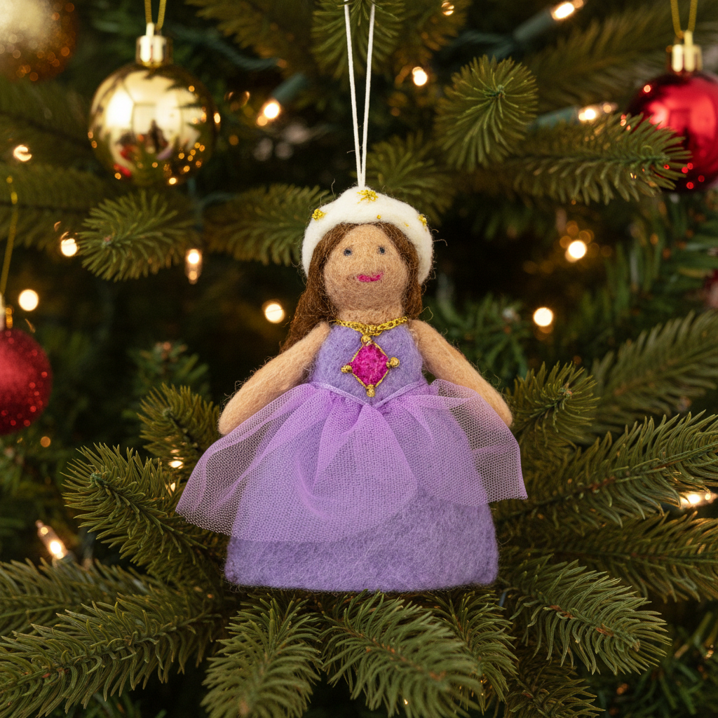 Handfelted doll with a purple dress and a crown, hanging from a string.