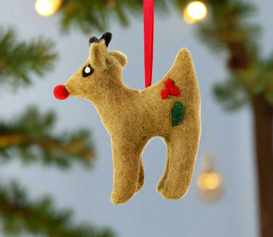 a handmade rudolph tree ornament