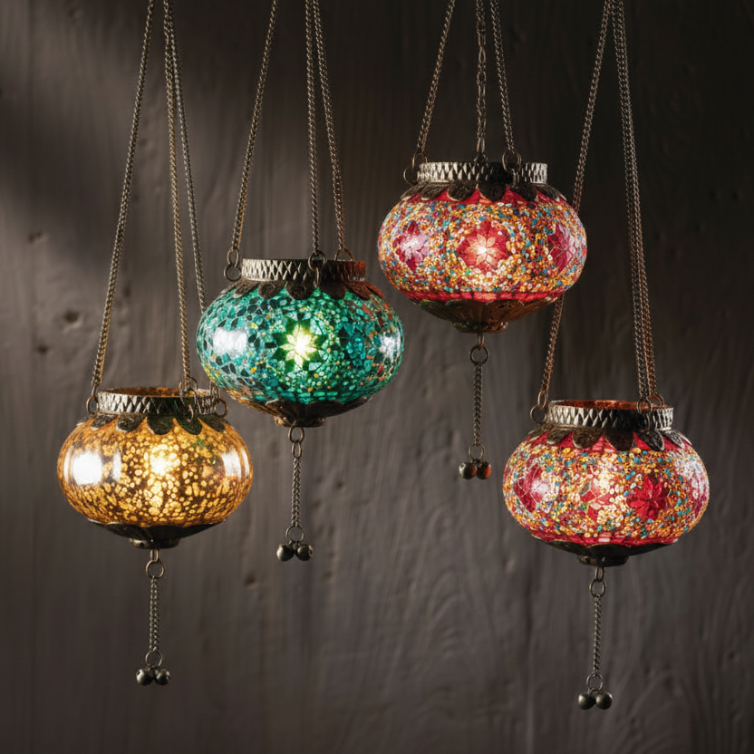 Hanging Silver Crackle Glass Lantern