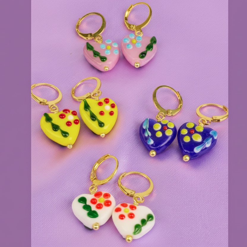 Heart Glass Bead Dangle Earrings