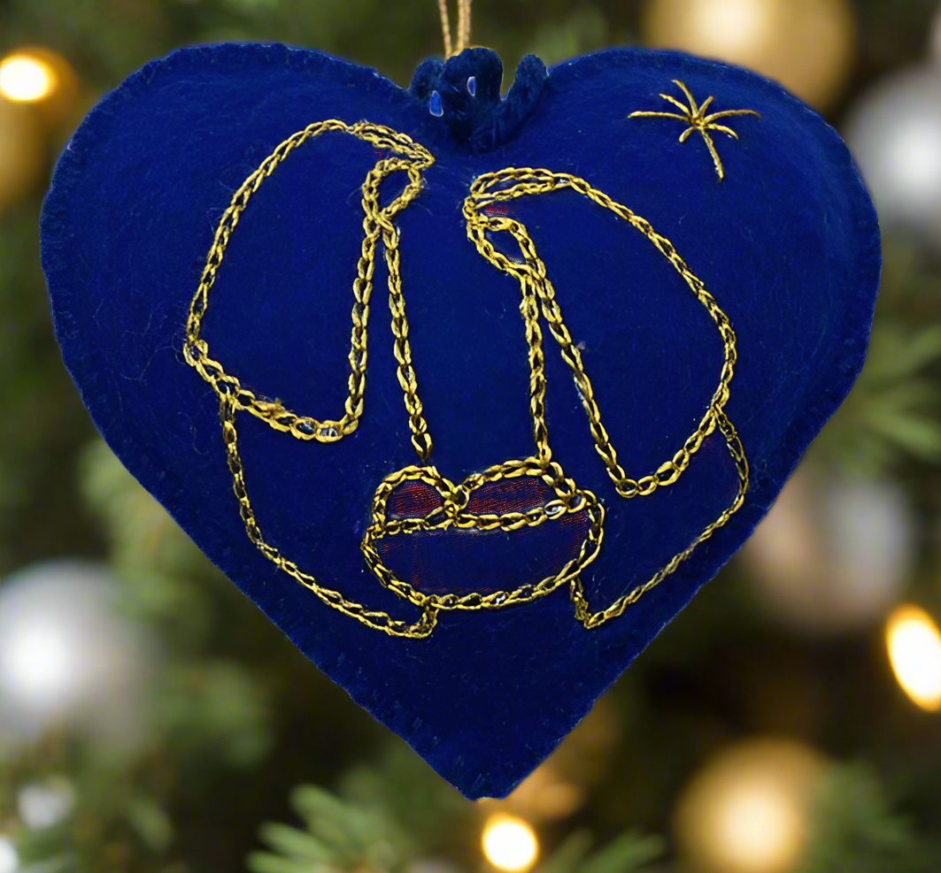 Hand-embroidered Blue & Gold Nativity Ornament