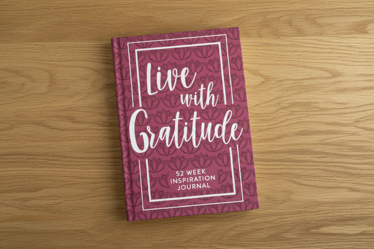 A gratitude inspiration journal with a peach color cover featuring text and a floral pattern.