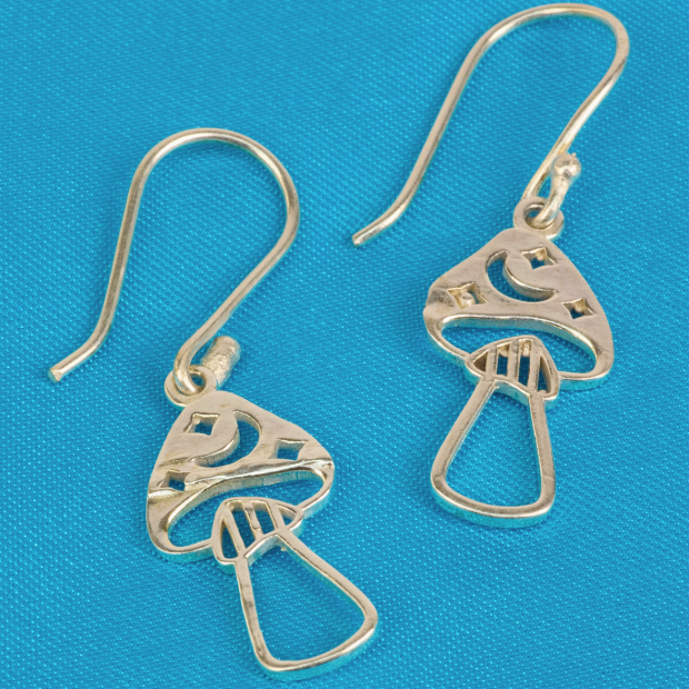 Mushroom Celestial Silver Hook Earrings