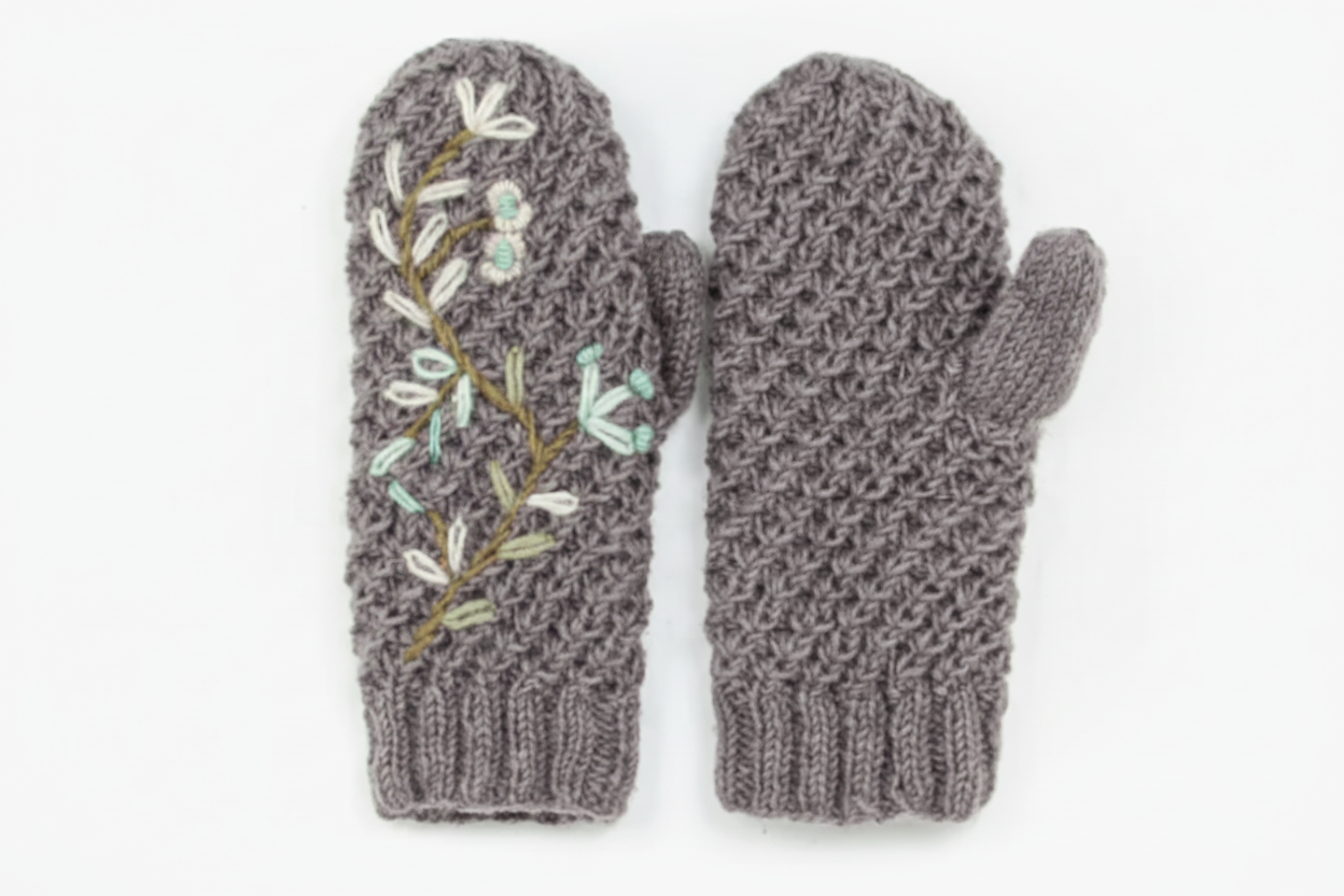Pair of gray knitted mittens with floral embroidery on a white background