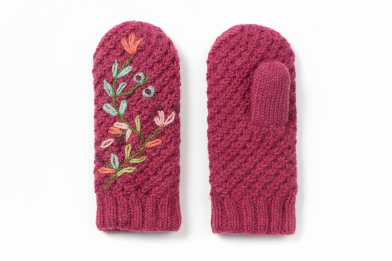 Pair of red knitted mittens with floral embroidery on a white background