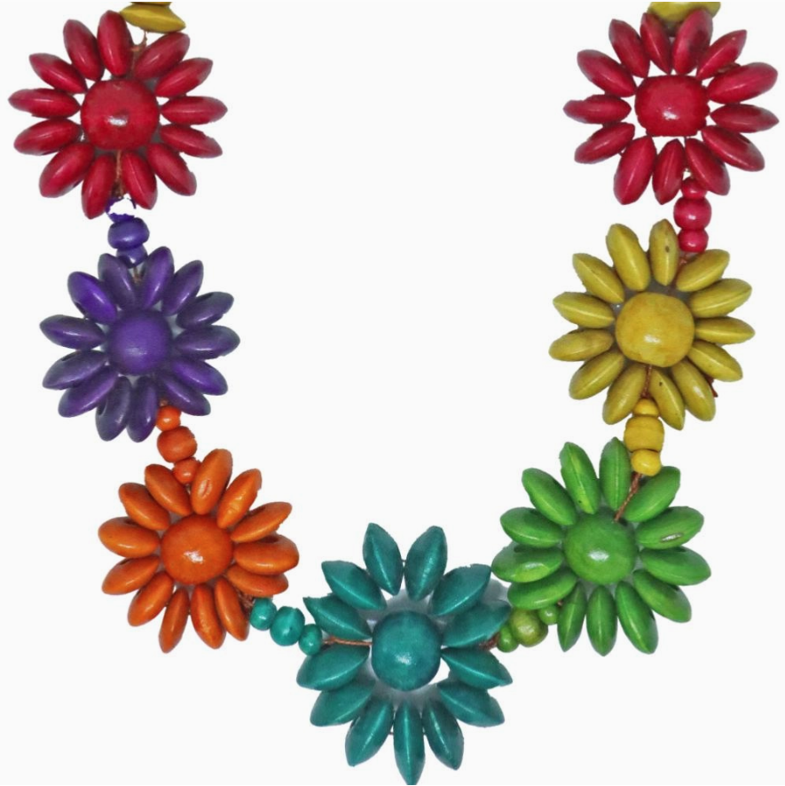 Necklace Handpainted Wooden Multicolour Flower Shape Beads