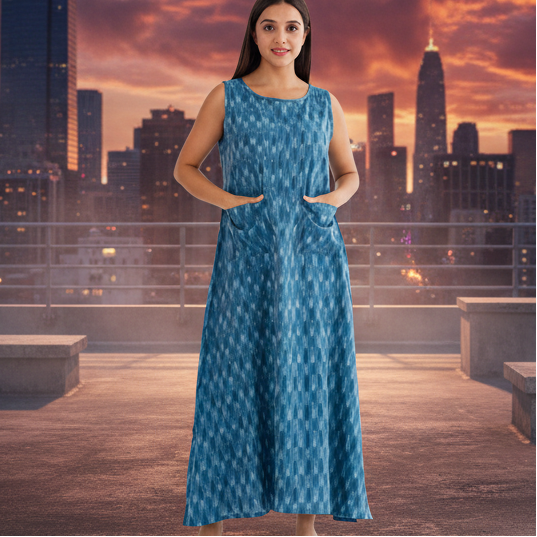 Woman wearing a blue patterned dress on a white background