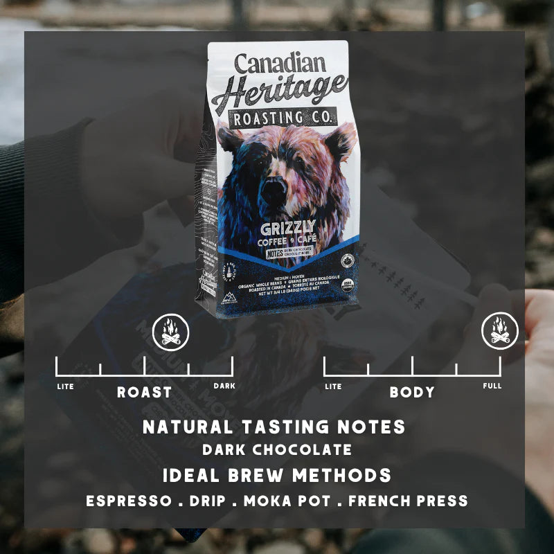 Canadian Heritage Roasting Co. Grizzly Coffee package with roast and body information.