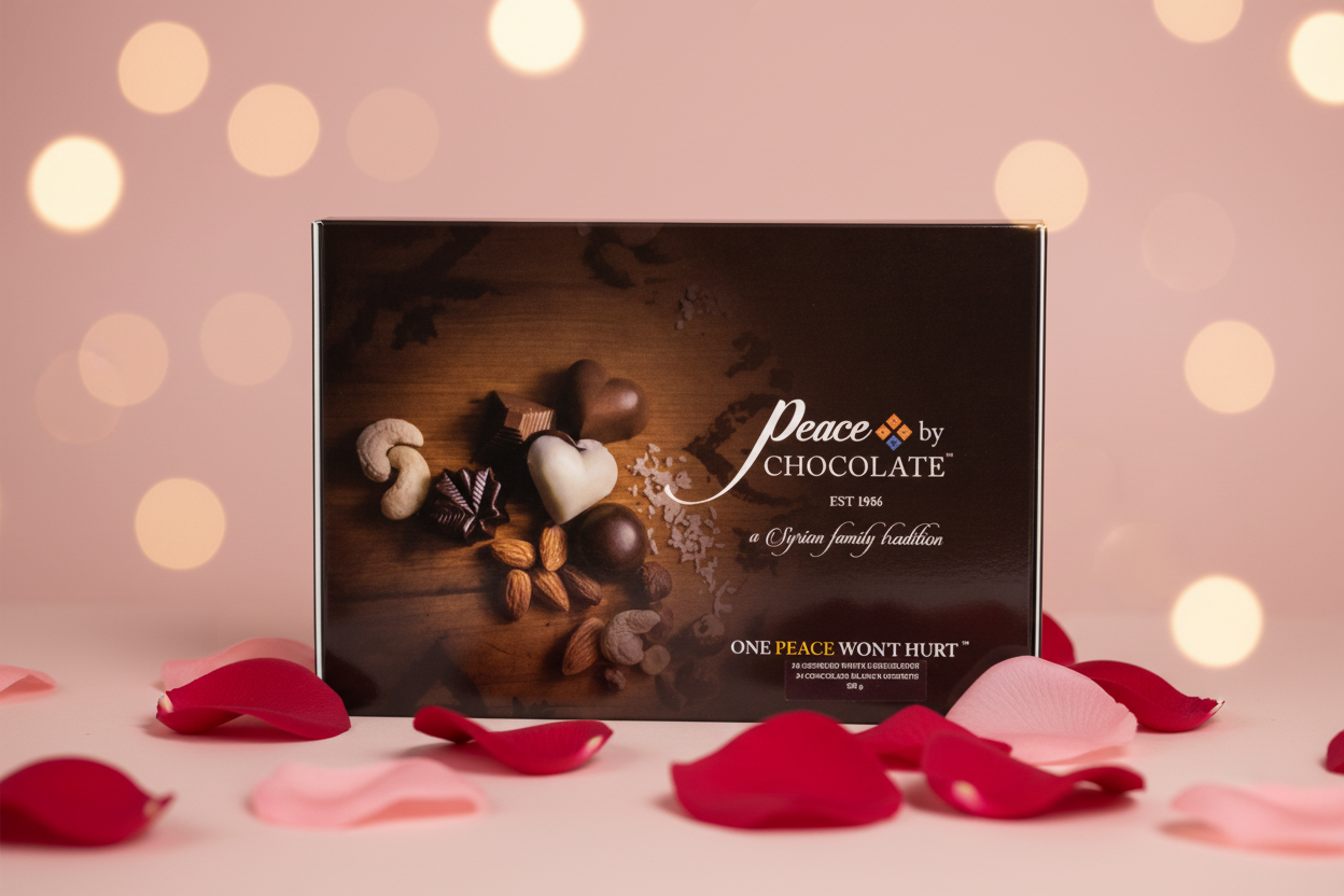 A box of Peace by Chocolate assorted chocolates with images of nuts and chocolate pieces on the front.