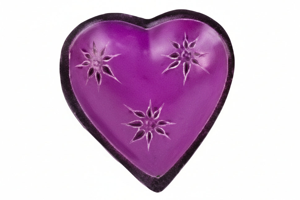 Purple Heart Shaped Trinket Dish Handcarved-Stone with Painted Designs - Small 3.5"