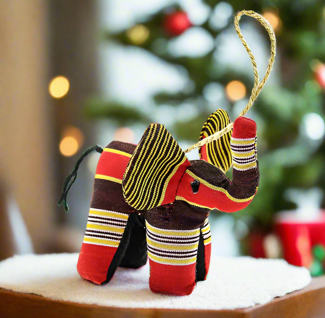 Handmade Red Kikoy Elephant Ornament from Uganda