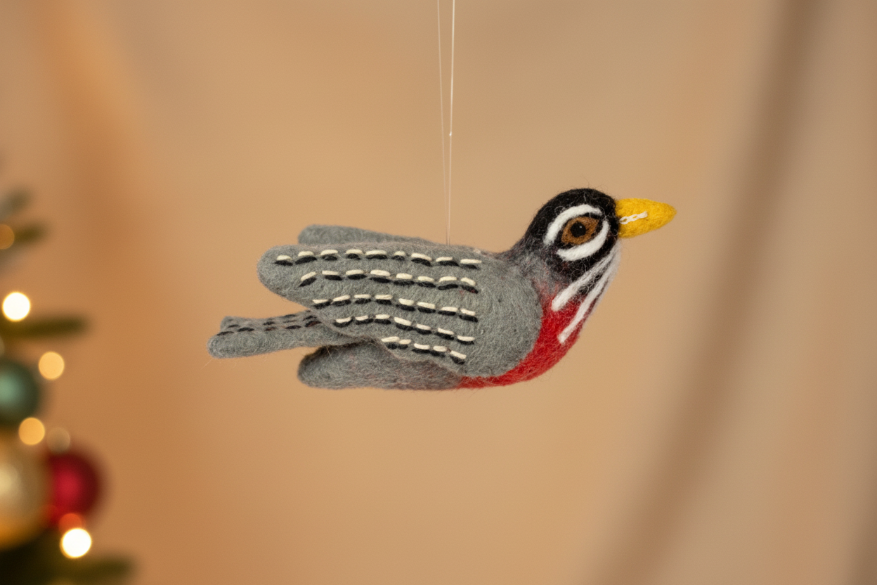 A handcrafted holiday ornament shaped and decorated like a red robin bird, with a predominantly grey body and red and black detailing.