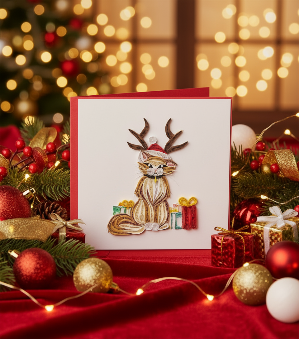 Holiday Cat in Reindeer Hat Greeting Card - Blank