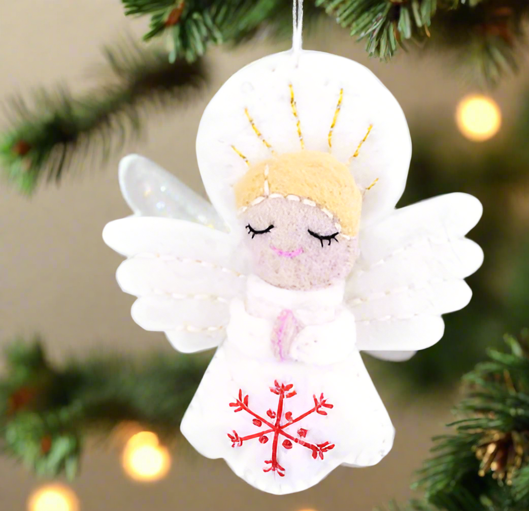 hand-felted snowflake angel tree ornament