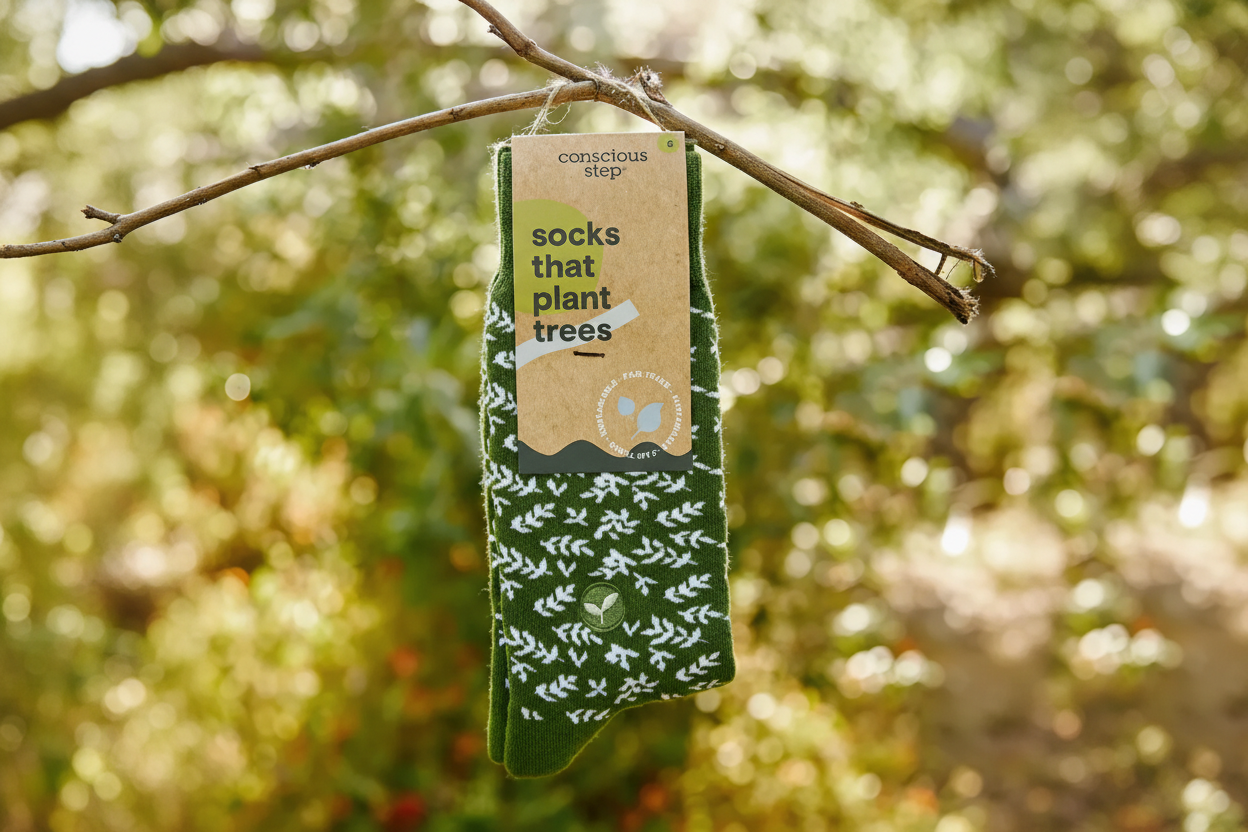Green socks with leaf pattern hanging on a branch with a 'conscious step' label.