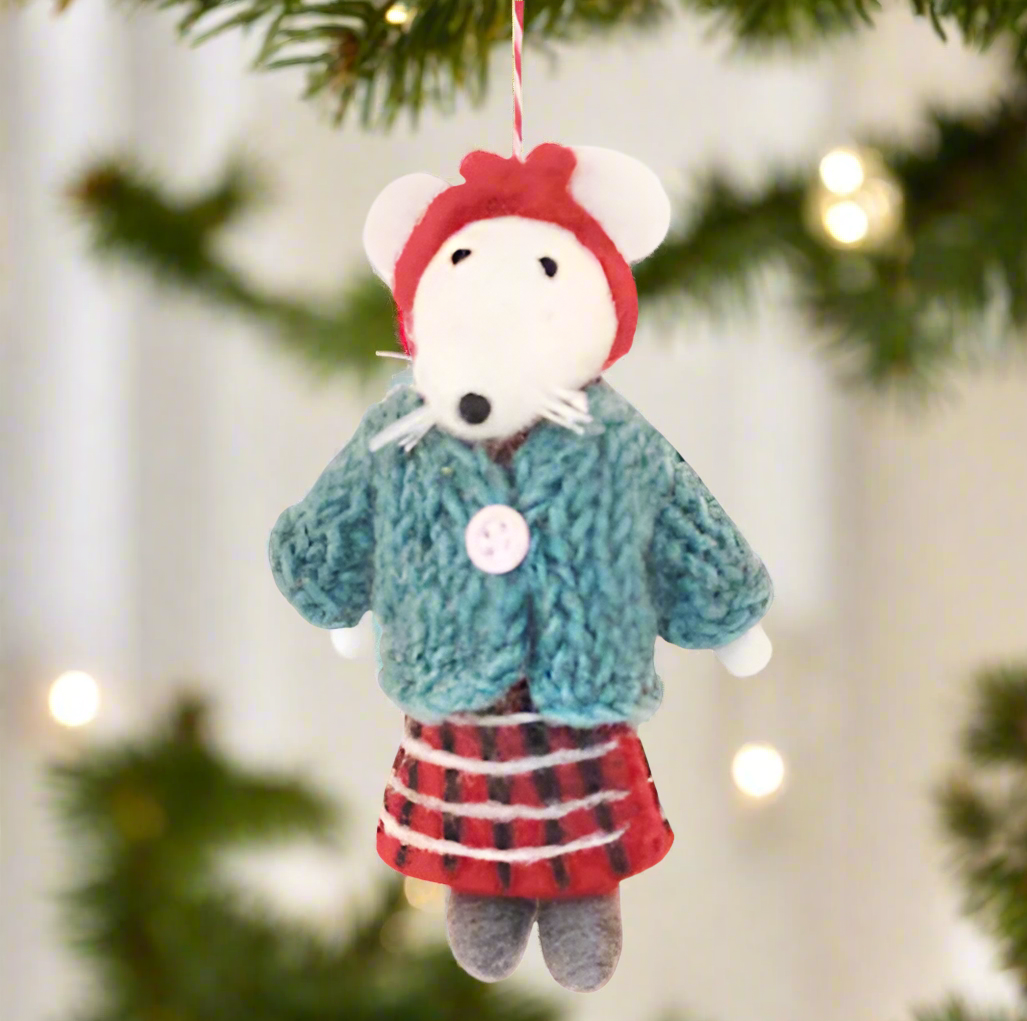 mouse tree ornament wearing a dress and knitted sweater