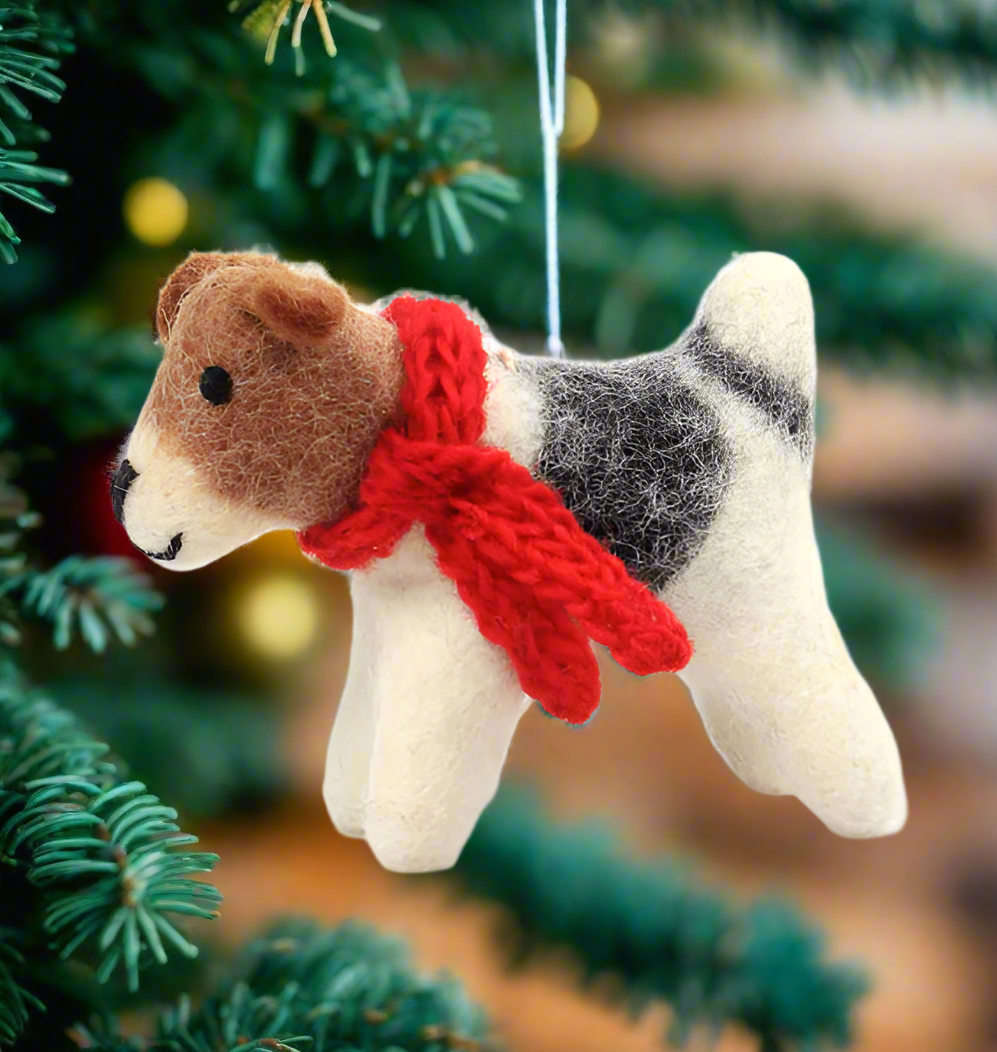 Hand-felted terrier tree ornament wearing a knit scarf