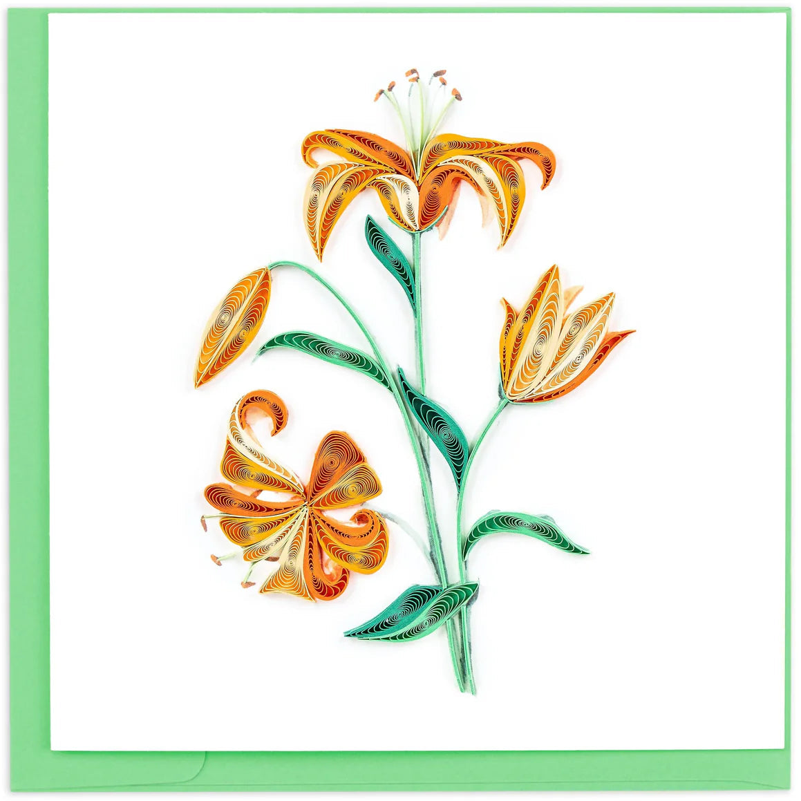 Quilled tiger lily flowers with green stems on a white background