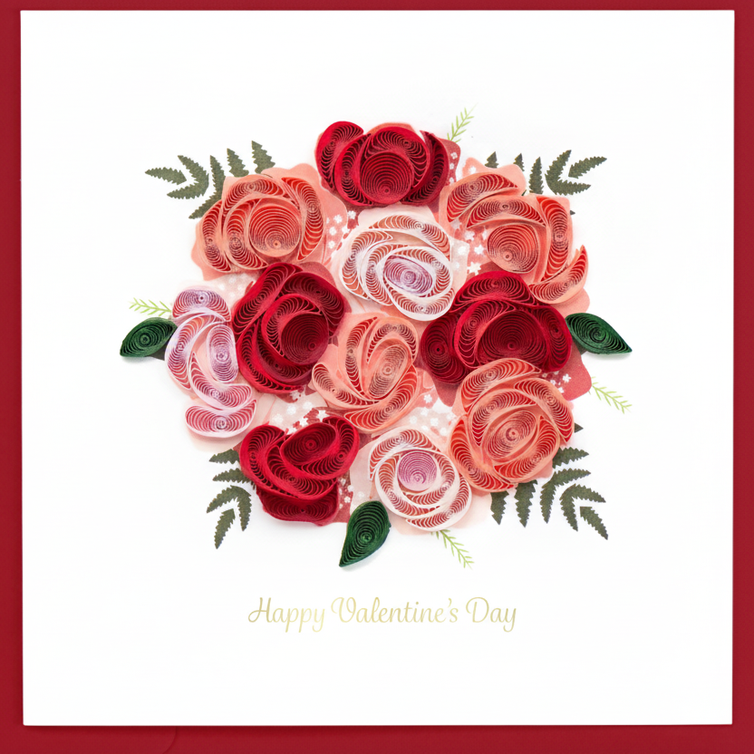 Card with red and pink roses and 'Happy Valentine's Day' text on a white background.