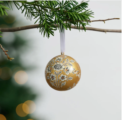 Painted Gold Florals Paper Mache Ball Ornament
