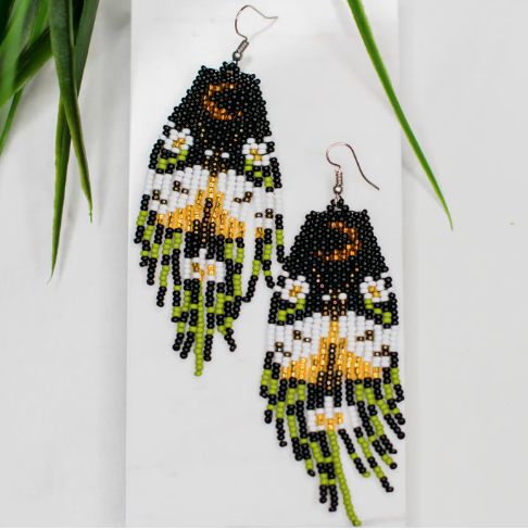 Beaded earrings with black, yellow, and green pattern on a white background