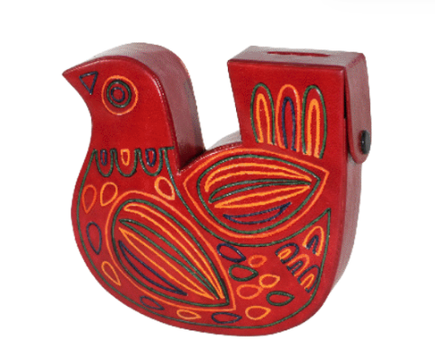 A handcrafted leather coin bank in the shape of a bird with colorful detailing.