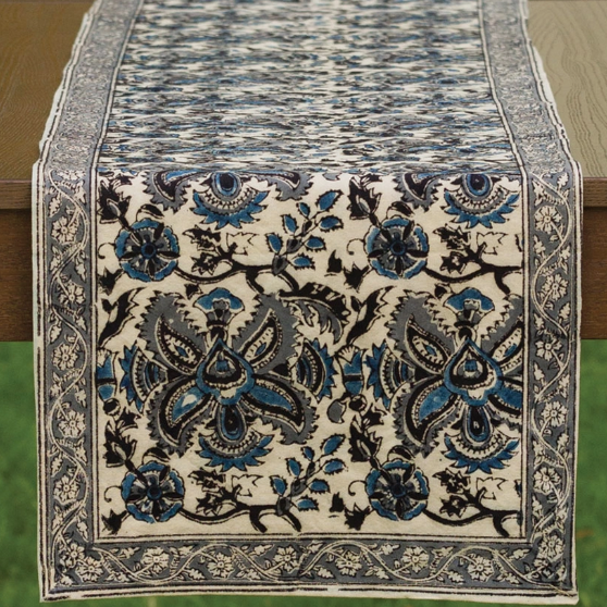 blue and silver runner kalamkari