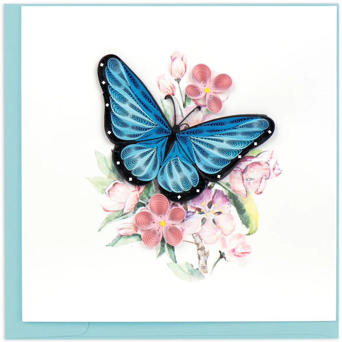 Card with a blue butterfly and pink flowers on a light blue border