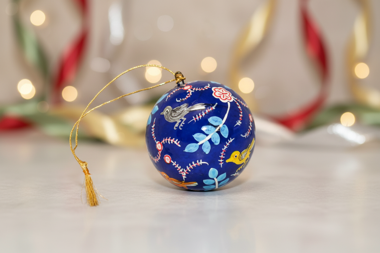 A blue hand-painted ornament detail picture