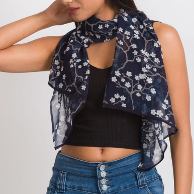 Cupro Scarf Sahila - Navy & White blossoms