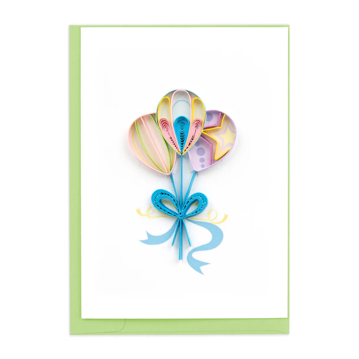 Greeting card with colorful paper balloons and a bow on a white background