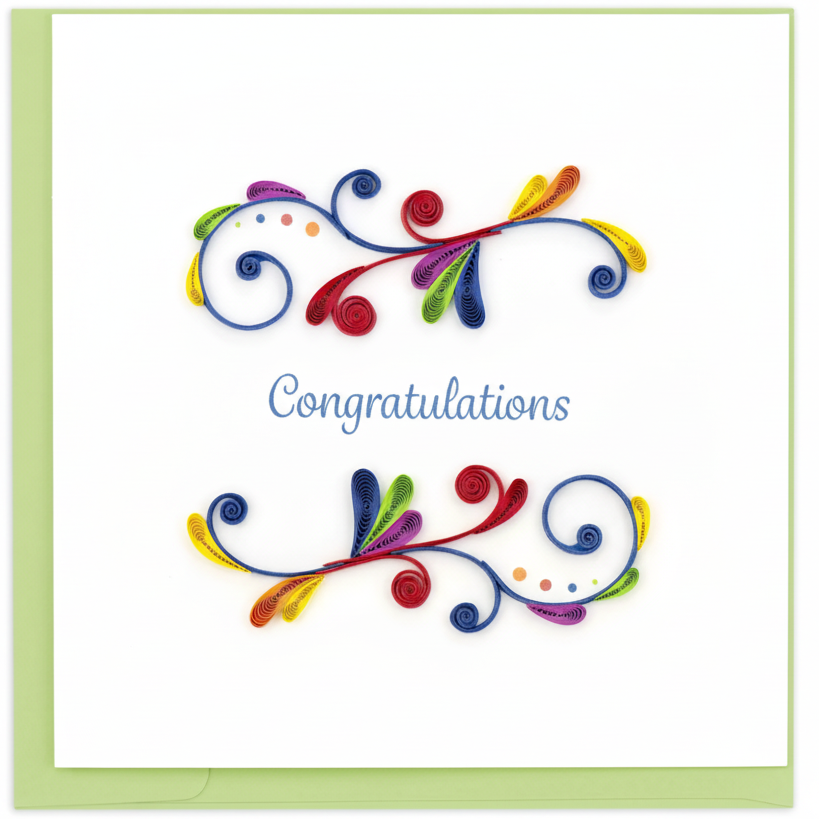 A colorful quilled greeting card with abstract swirls and the words 'Congratulations' written in blue at the center. The card has an envelope and a blank sheet for a personal message.