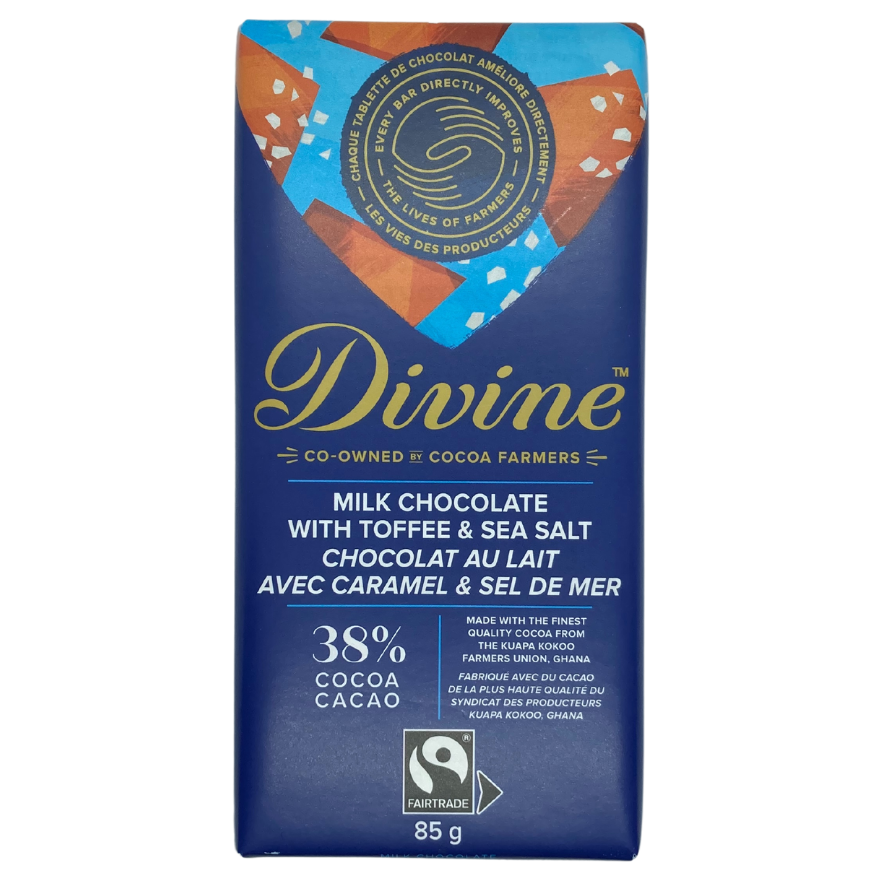 A Divine brand milk chocolate bar with toffee and sea salt, with a graphic design featuring chocolate pieces and a sea salt crystal on the packaging.