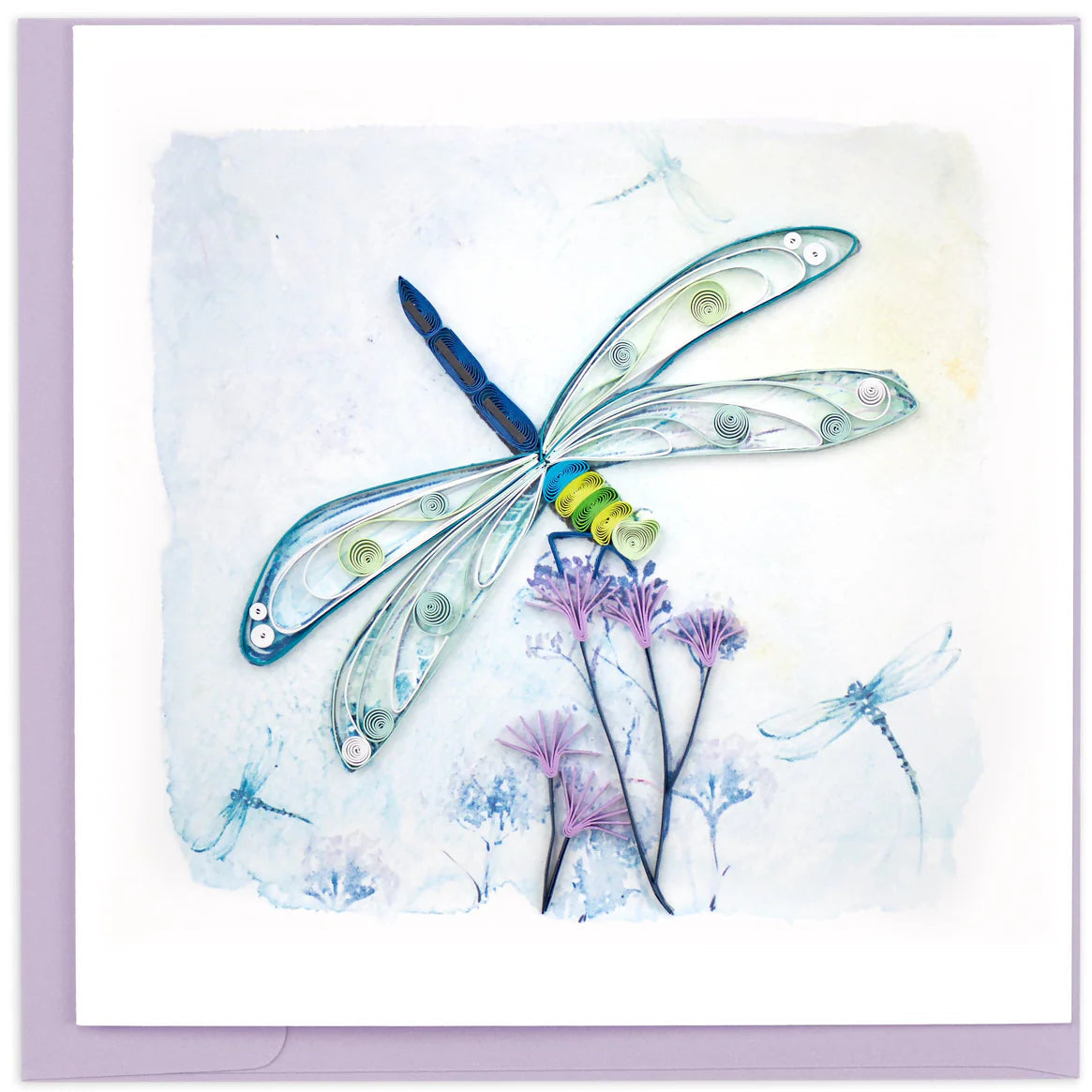 Greeting card with a dragonfly illustration on a light blue background