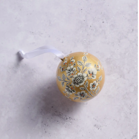 Painted Gold Florals Paper Mache Ball Ornament