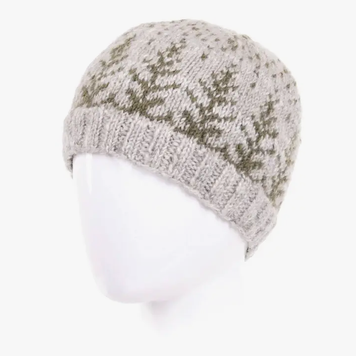 A gray and brown geometric patterned beanie displayed on a mannequin head.