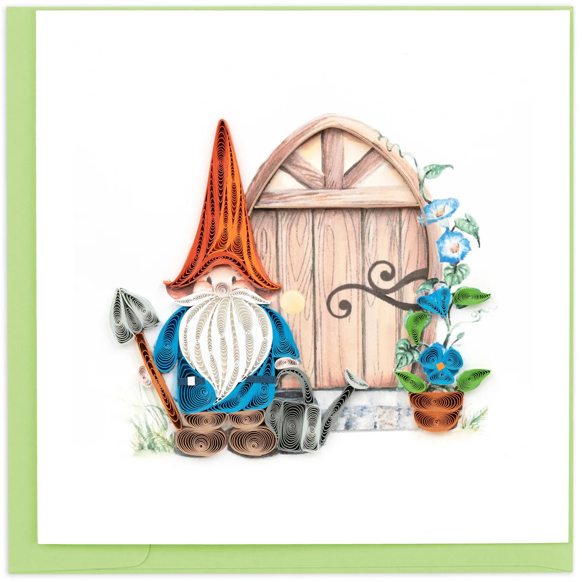 Gnome with a red hat and blue outfit standing in front of a wooden door with flowers on a white background.
