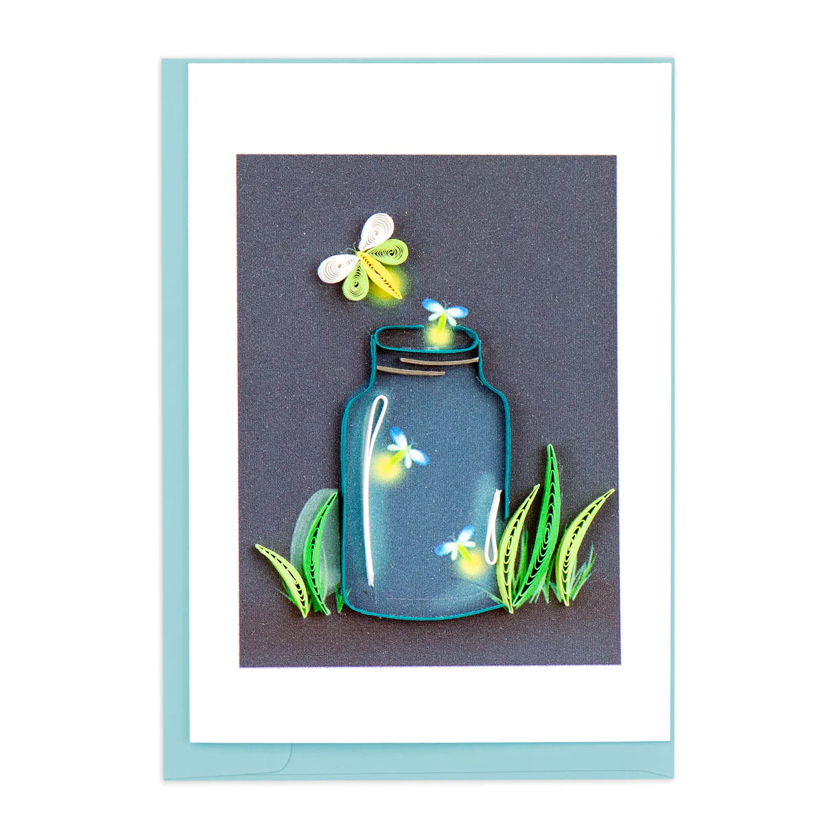Card with a blue jar, grass, and glowing fireflies on a gray background