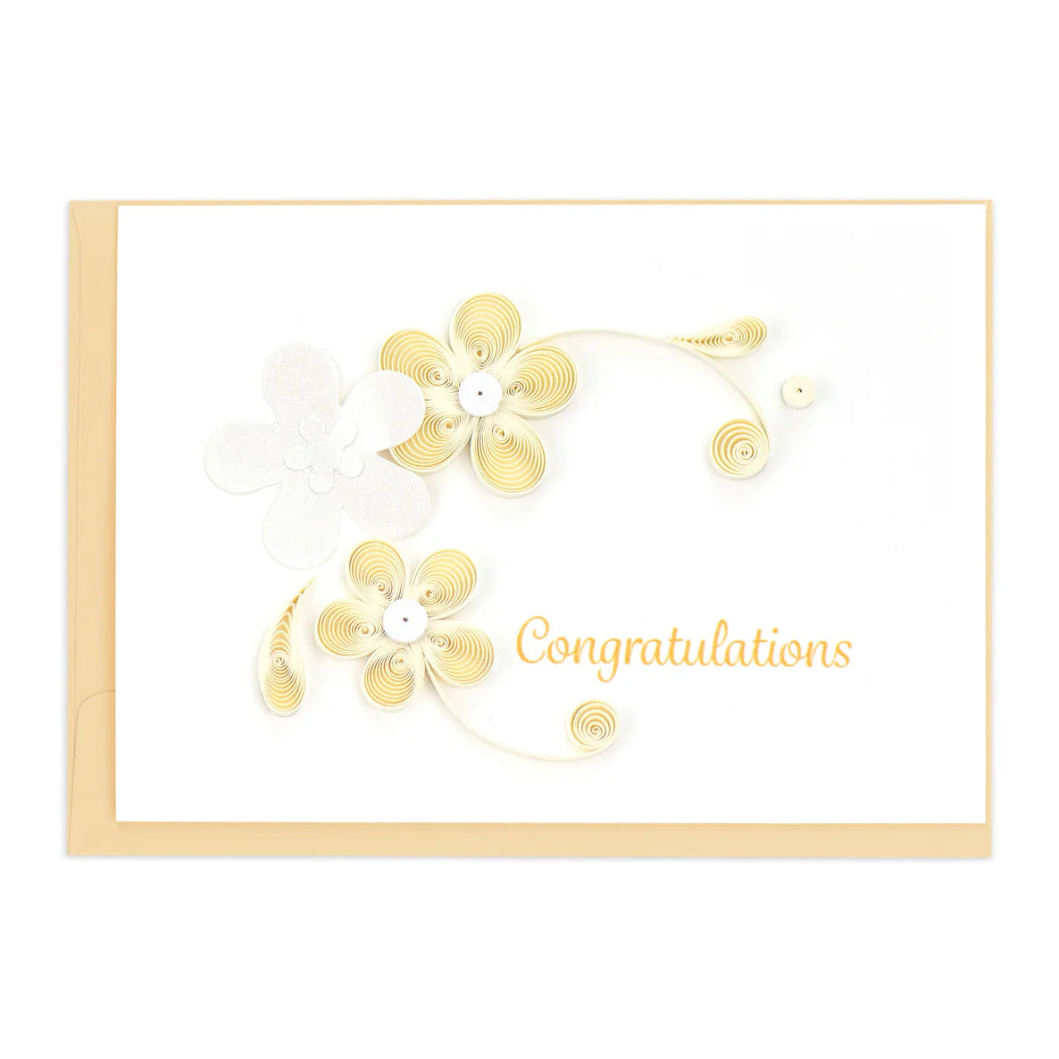 Greeting card with gold floral designs and 'Congratulations' text on a white background