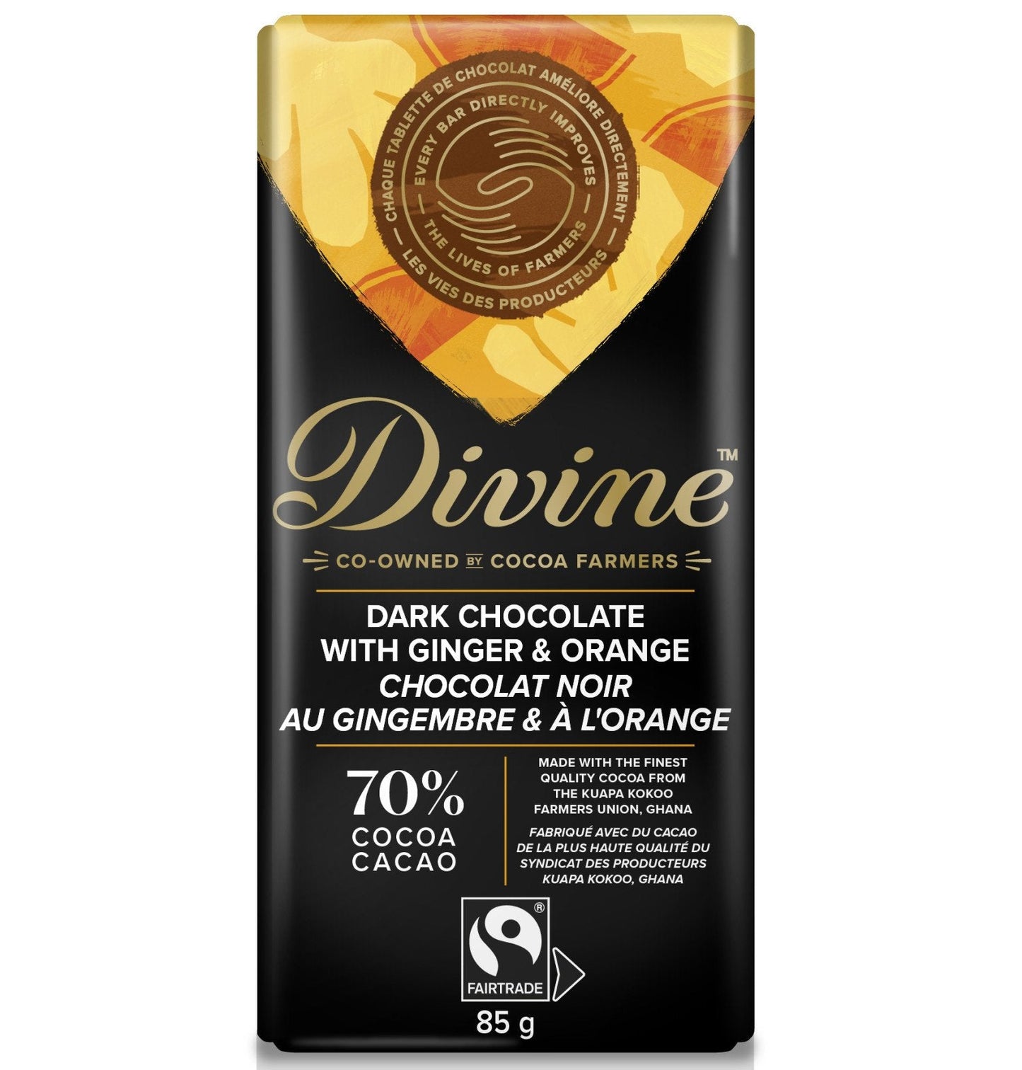 A package of Divine Dark Chocolate with Ginger & Orange, 70% cocoa, 85g size.